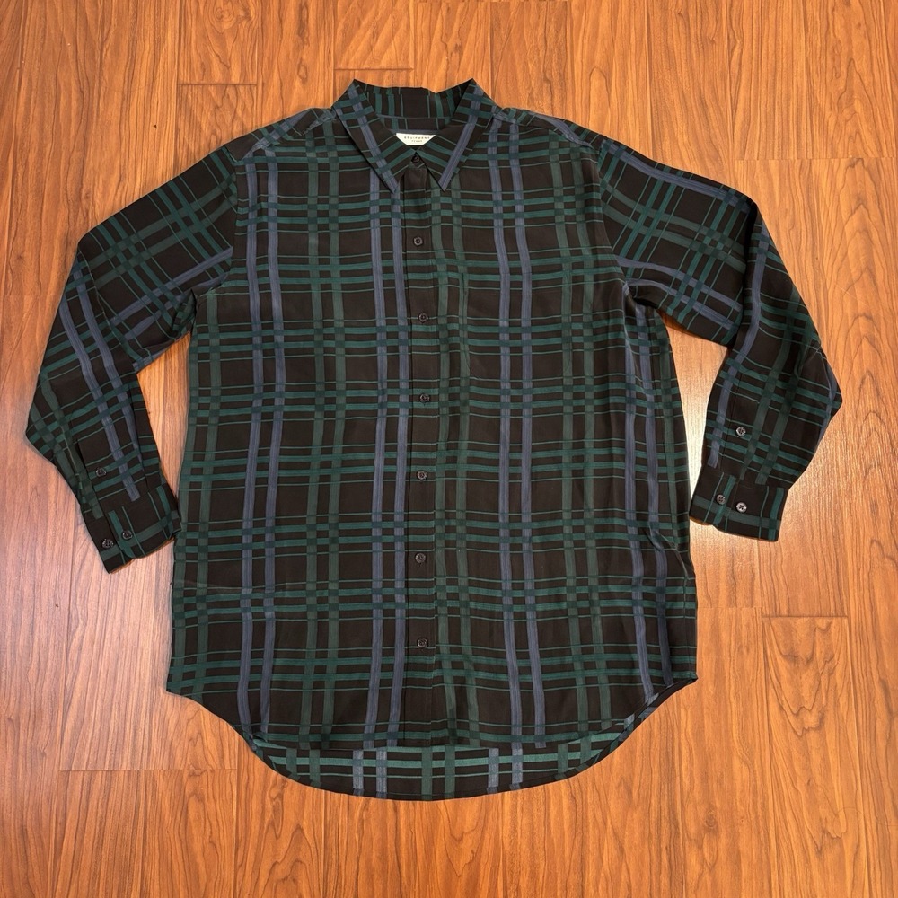 Equipment Femme 100% Silk Plaid Button Down Shirt Green Blue Womens Medium